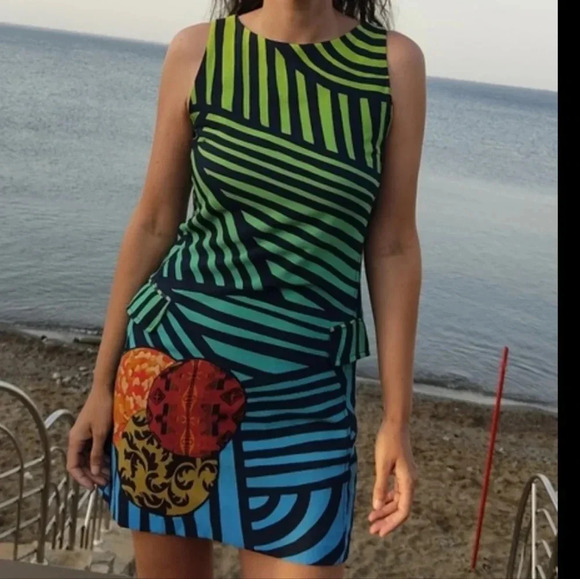 DESIGUAL Women’s Sleeveless Sheath Artsy Graphic Green Striped Mini Dress Sz 46. - Picture 2 of 15